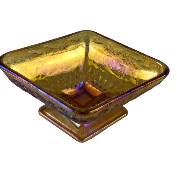 Vintage Iridescent Gold Carnival Glass Diamond Shaped Footed Candy Dish Floral - Picture 15 of 16